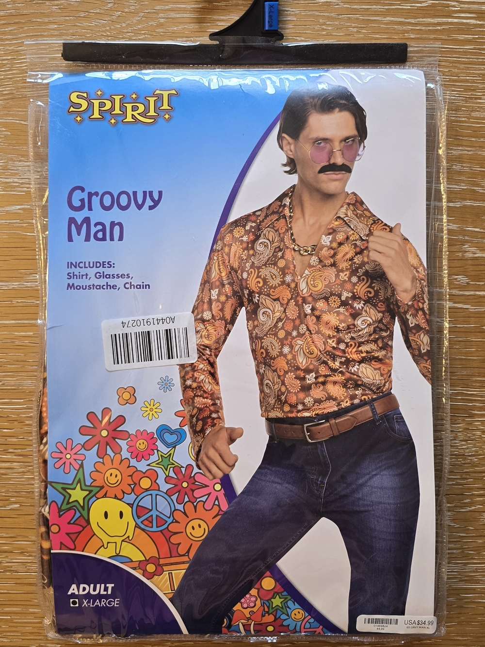 Spirit Halloween Groovy Man Hippie Costume Shirt Top & Accessories Size Adult XL